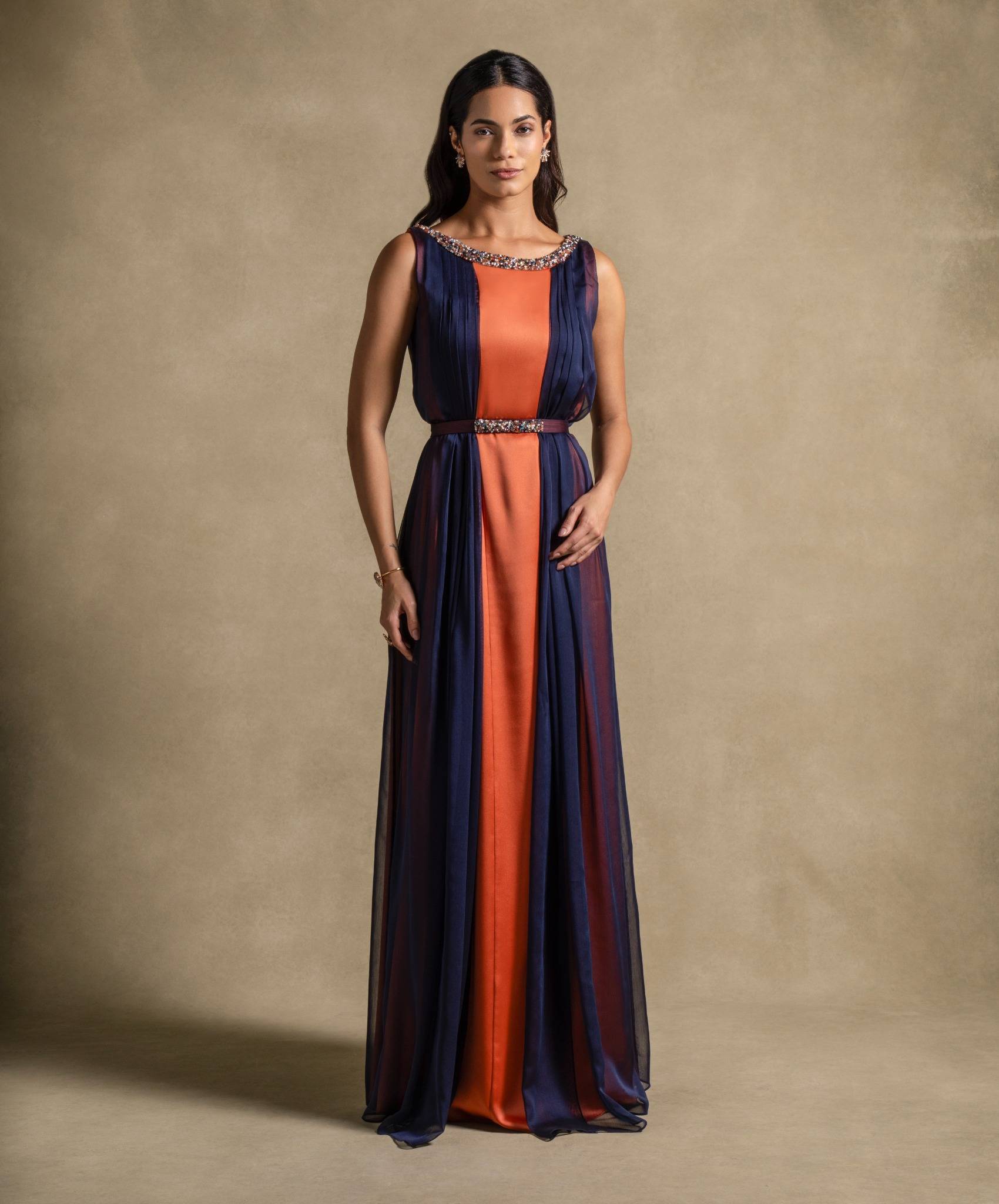 Irene Set - Elegant Navy Blue & Tangerine Gown