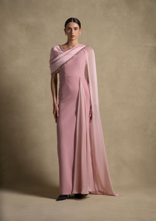 Meghan Dress in soft Pink Quartz with chiffon drape and beadwork, perfect for luxury evening wear and high-end fashion.