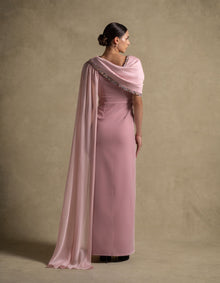 Meghan Dress in soft Pink Quartz with chiffon drape and beadwork, perfect for luxury evening wear and high-end fashion.