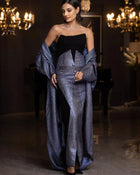 MissOvo Set - Vérité Majestique Outfit Set featuring a shimmering metallic textured gown with structured bodice and matching draped shawl. Ideal for special occasions.