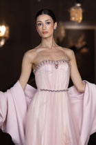 Close-up of Miss Waad Dress bodice featuring spaghetti straps, crystal embellishments, and soft tulle texture from Verite Majestique PF2025.