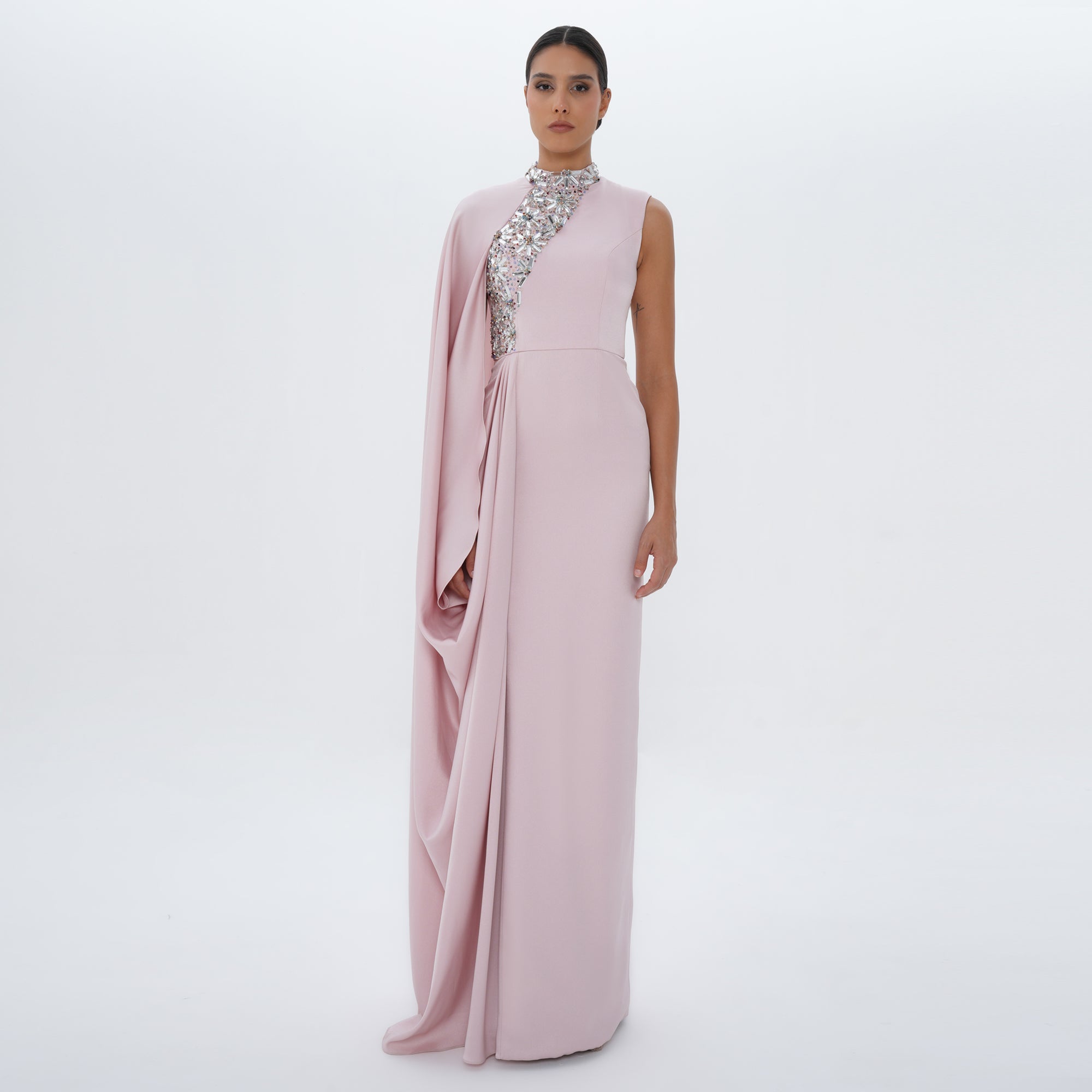 Aaliyah Pink Quartz Satin Crystal Embellished Cape Gown, front view | Maison MOOEi