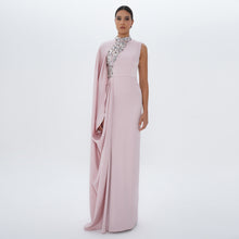 Aaliyah Pink Quartz Satin Crystal Embellished Cape Gown, front view | Maison MOOEi