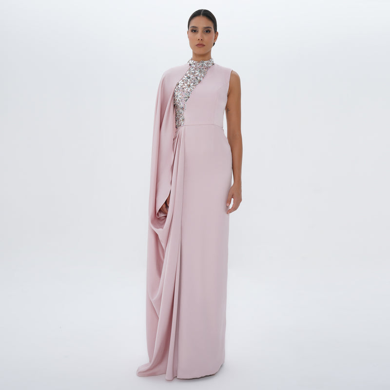 Aaliyah Pink Quartz Satin Crystal Embellished Cape Gown, front view | Maison MOOEi