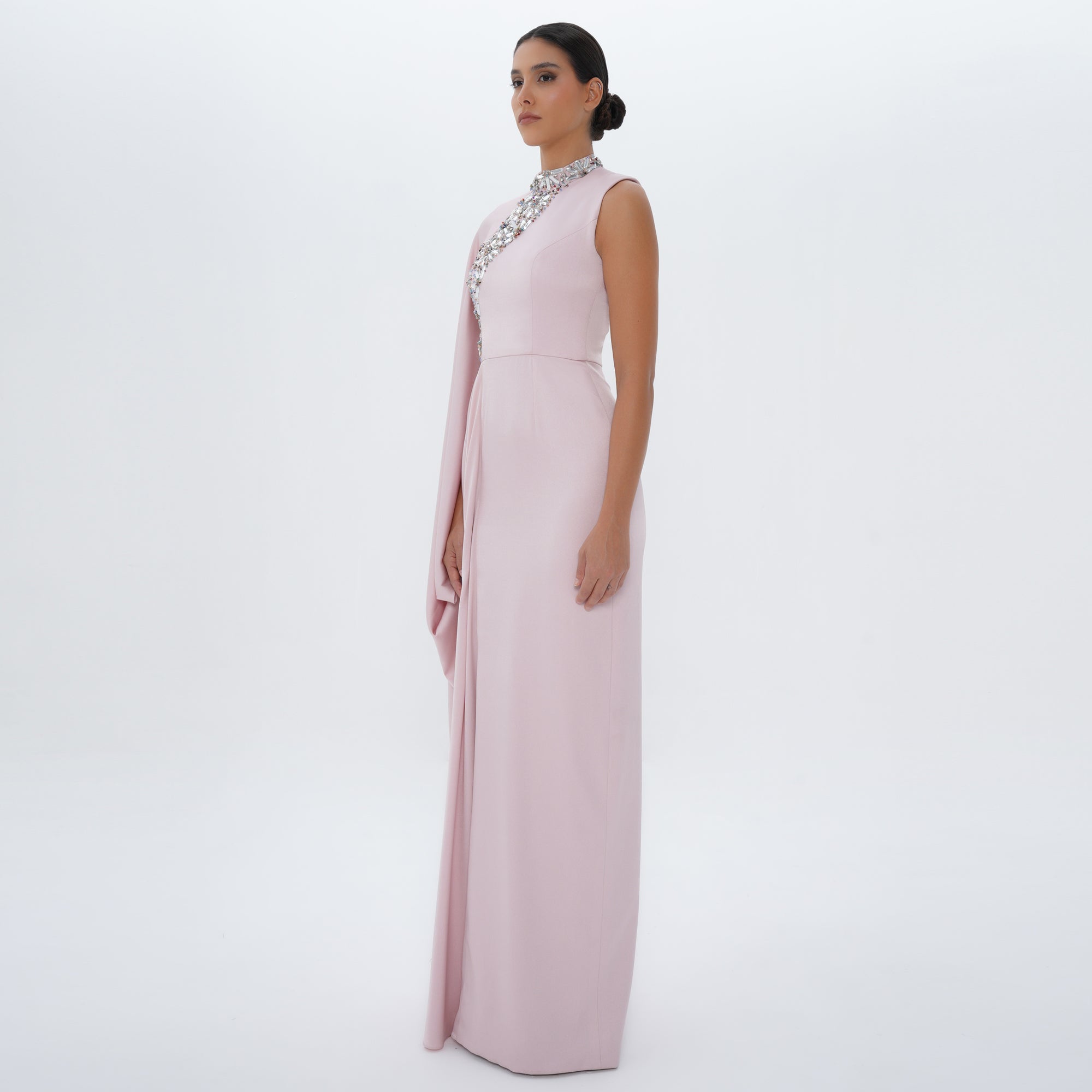 Aaliyah Pink Quartz Satin Crystal Embellished Cape Gown, front view | Maison MOOEi