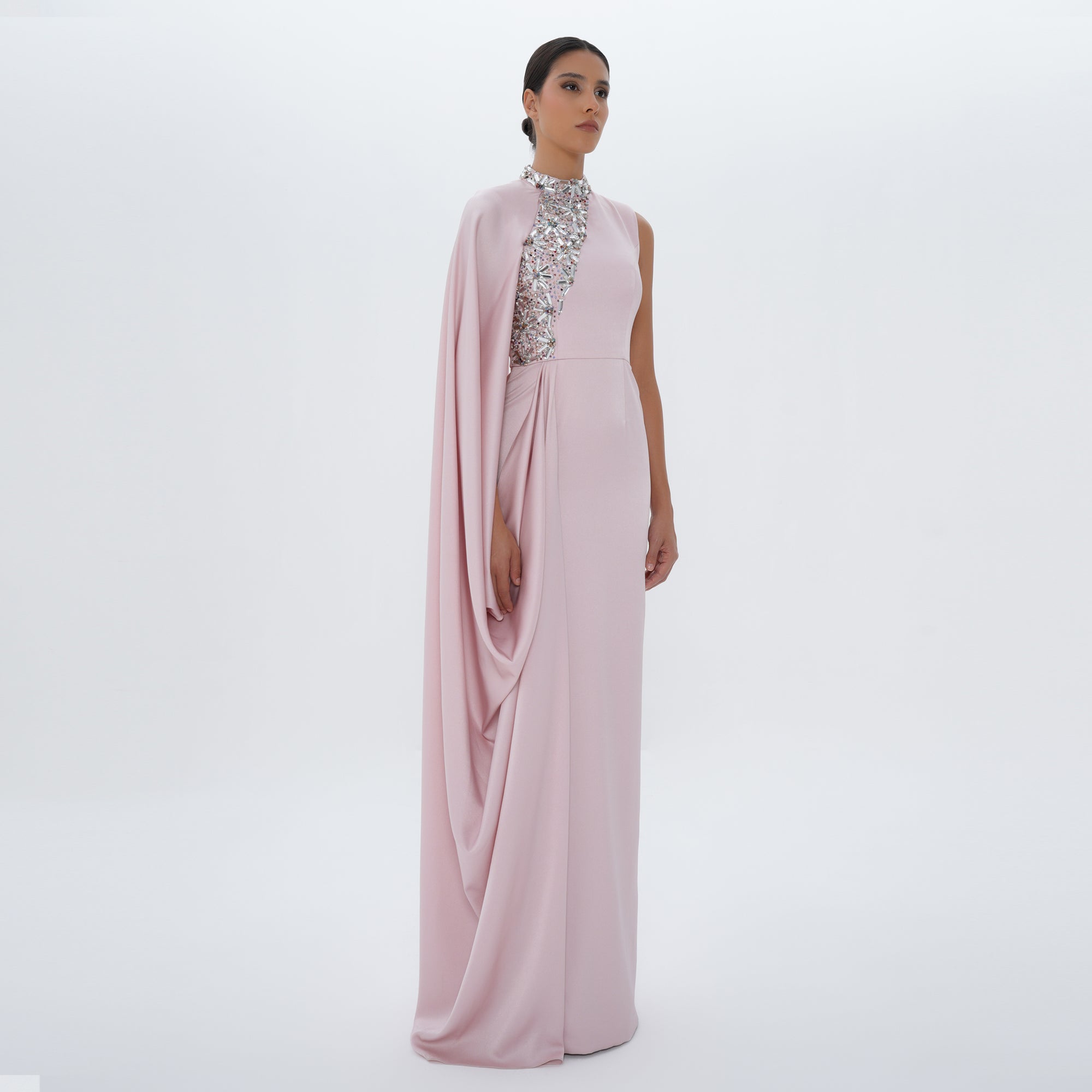 Aaliyah Pink Quartz Satin Crystal Embellished Cape Gown, front view | Maison MOOEi