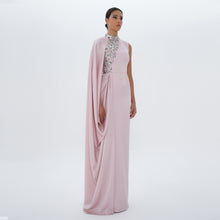 Aaliyah Pink Quartz Satin Crystal Embellished Cape Gown, front view | Maison MOOEi