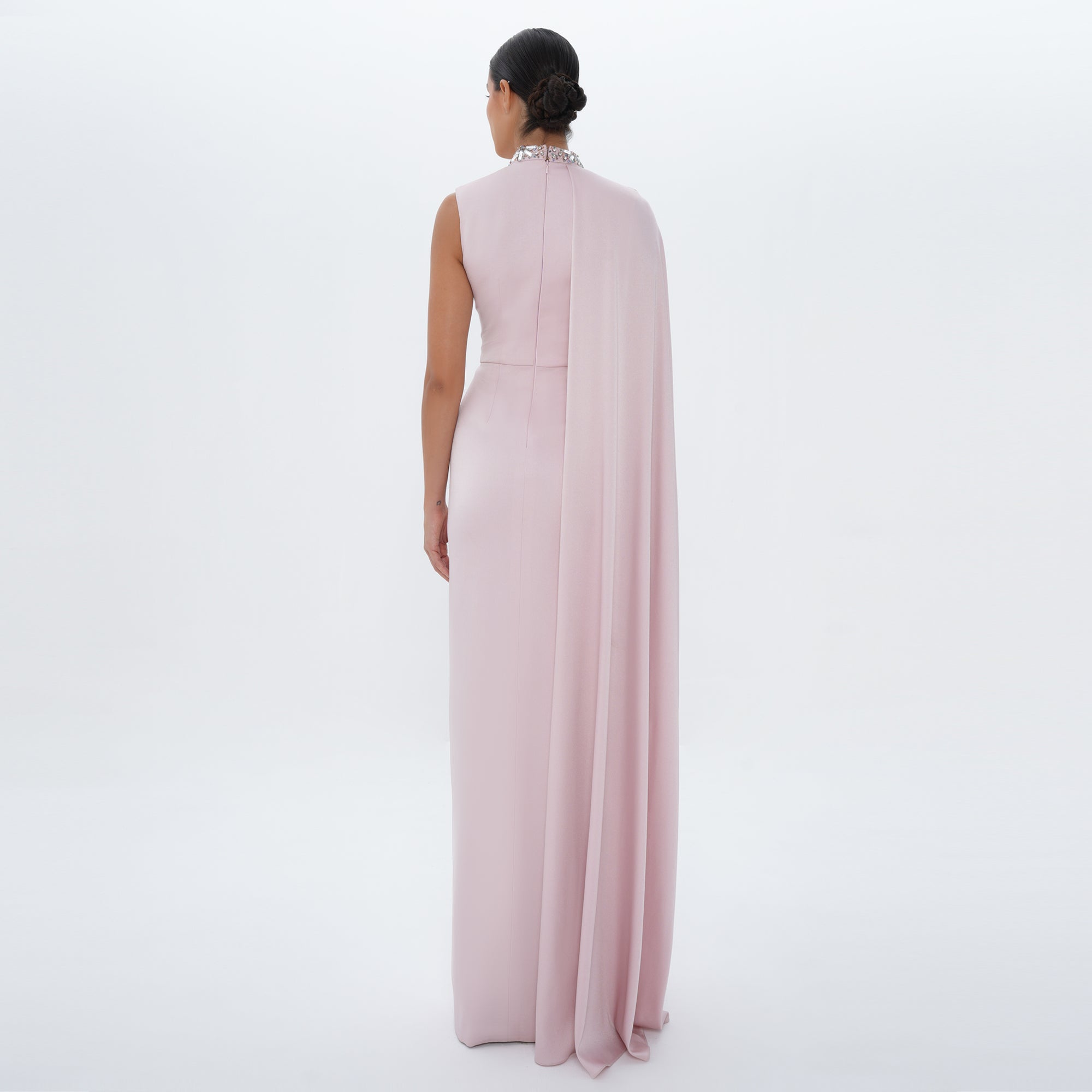 Aaliyah Pink Quartz Satin Crystal Embellished Cape Gown, back view | Maison MOOEi