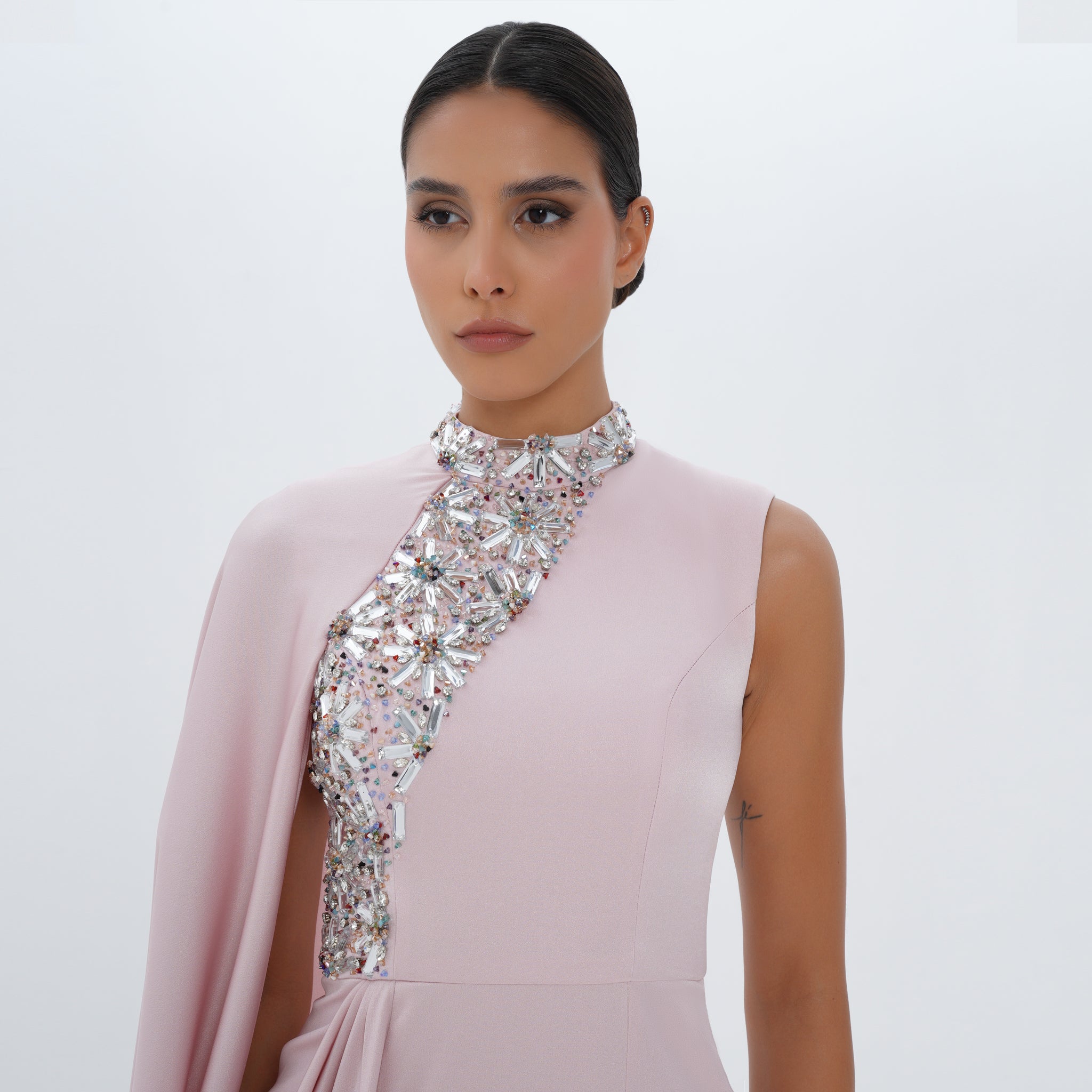 Aaliyah Pink Quartz Satin Crystal Embellished Cape Gown, close up detail | Maison MOOEi