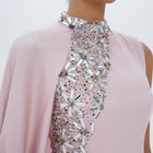 Aaliyah Pink Quartz Satin Crystal Embellished Cape Gown, close up detail | Maison MOOEi