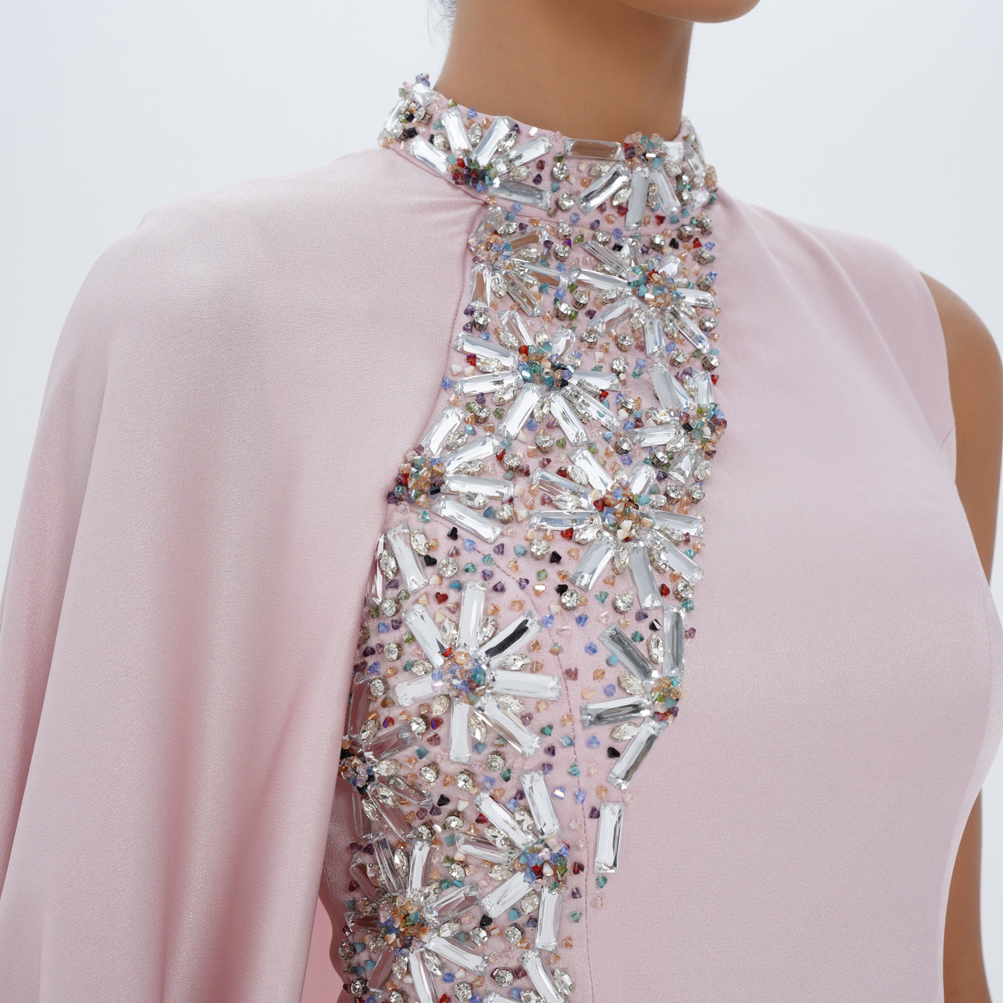 Aaliyah Pink Quartz Satin Crystal Embellished Cape Gown, close up detail | Maison MOOEi