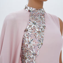 Aaliyah Pink Quartz Satin Crystal Embellished Cape Gown, close up detail | Maison MOOEi
