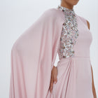 Aaliyah Pink Quartz Satin Crystal Embellished Cape Gown, close up detail | Maison MOOEi