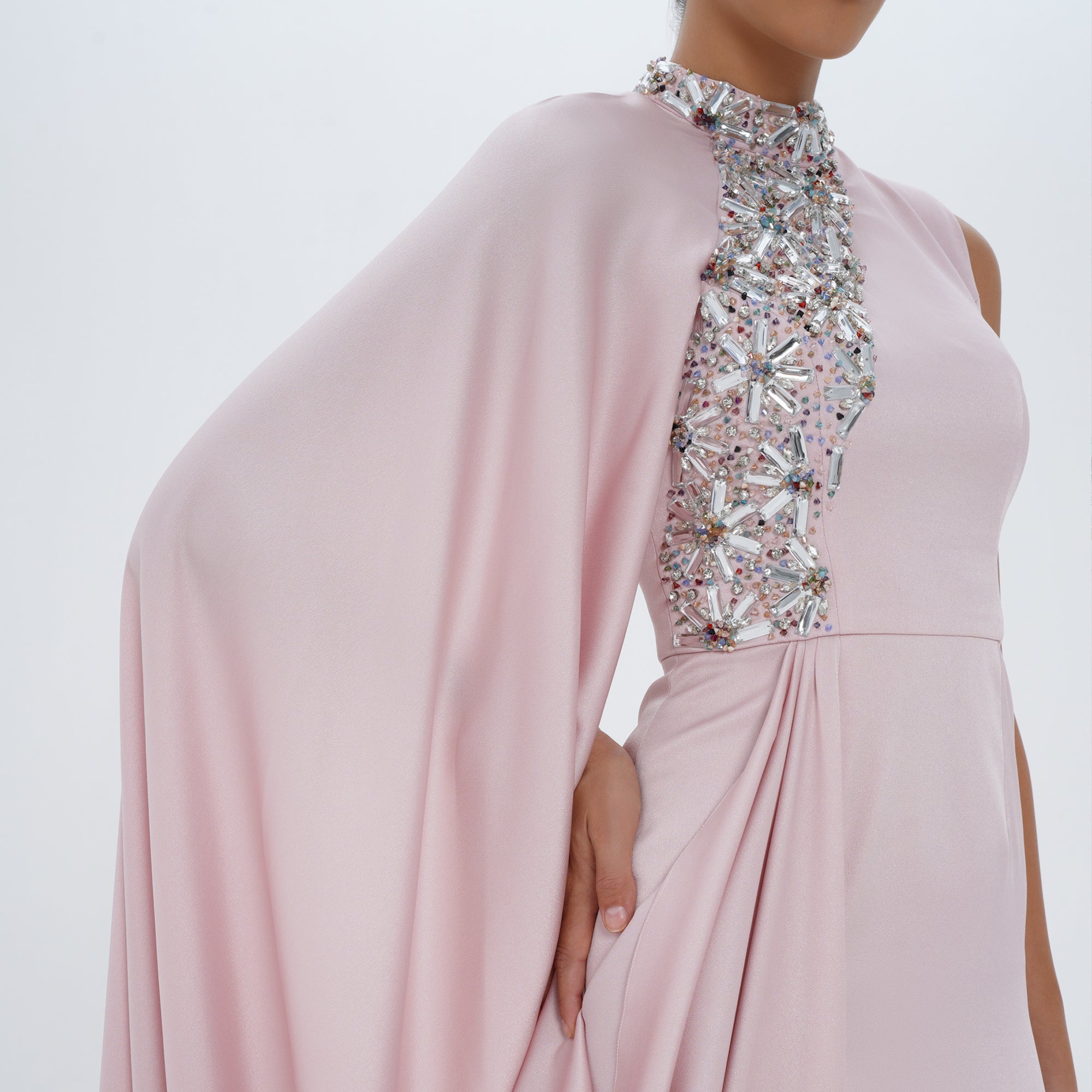 Aaliyah Pink Quartz Satin Crystal Embellished Cape Gown, close up detail | Maison MOOEi