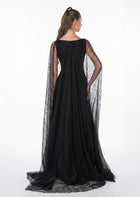 Eleganza Black Crepe Lace Gown side view by MOOEi — Luxury Evening Wear Dubai