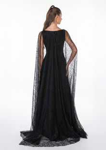 Eleganza Black Crepe Lace Gown side view by MOOEi — Luxury Evening Wear Dubai