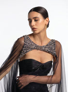 Neriah Black Sweetheart Embellished Sheer Tulle Cape Couture Gown