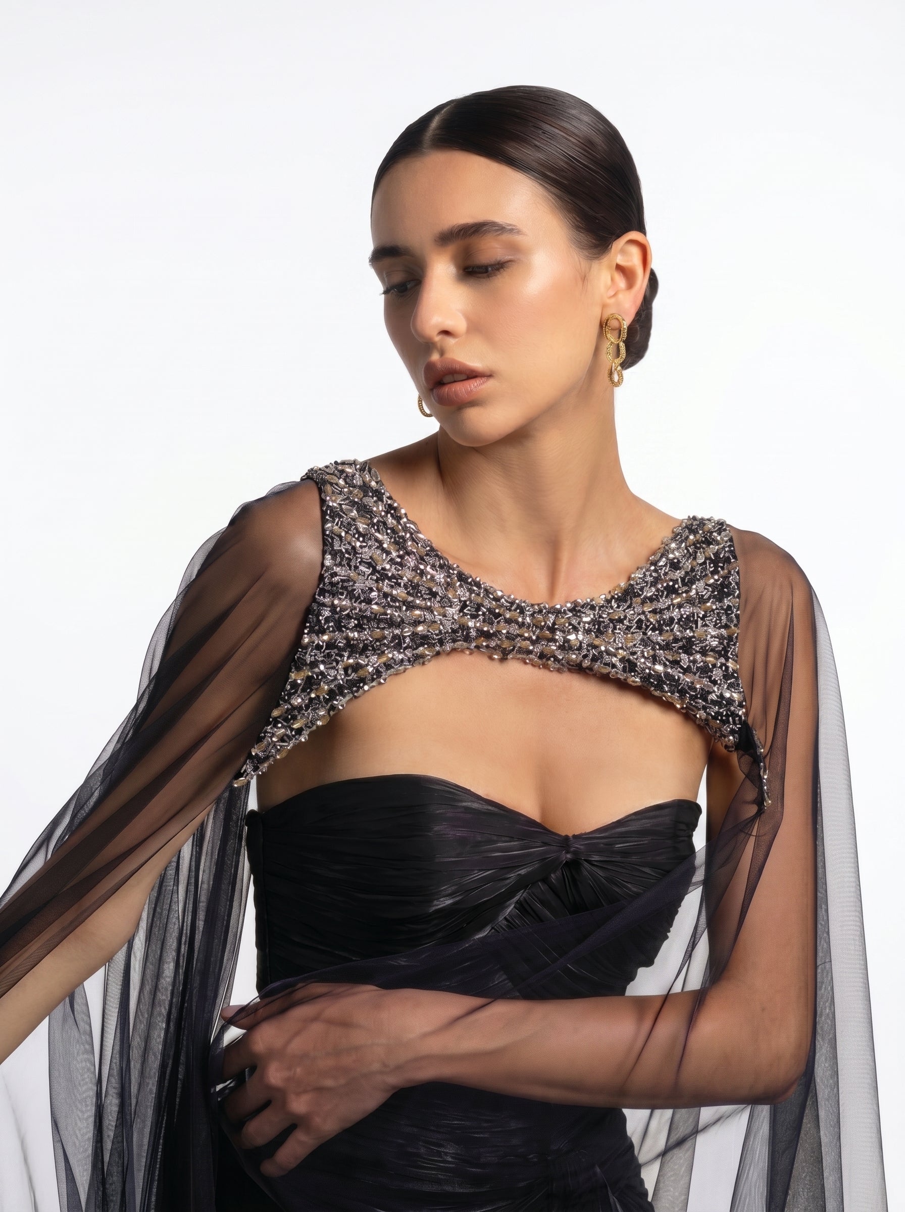 Neriah Black Sweetheart Embellished Sheer Tulle Cape Couture Gown