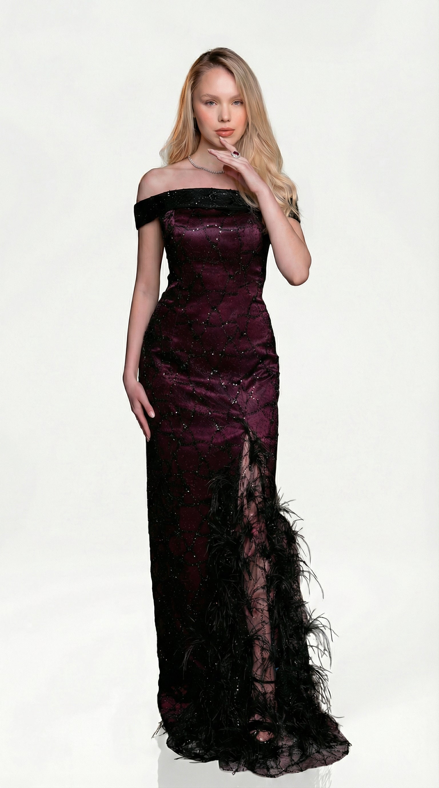 Amira Deep Plum Thigh Slit Gown back by MOOEi — Luxury Evening Wear Dubai