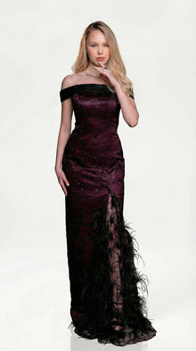 Amira Deep Plum Thigh Slit Gown back by MOOEi — Luxury Evening Wear Dubai