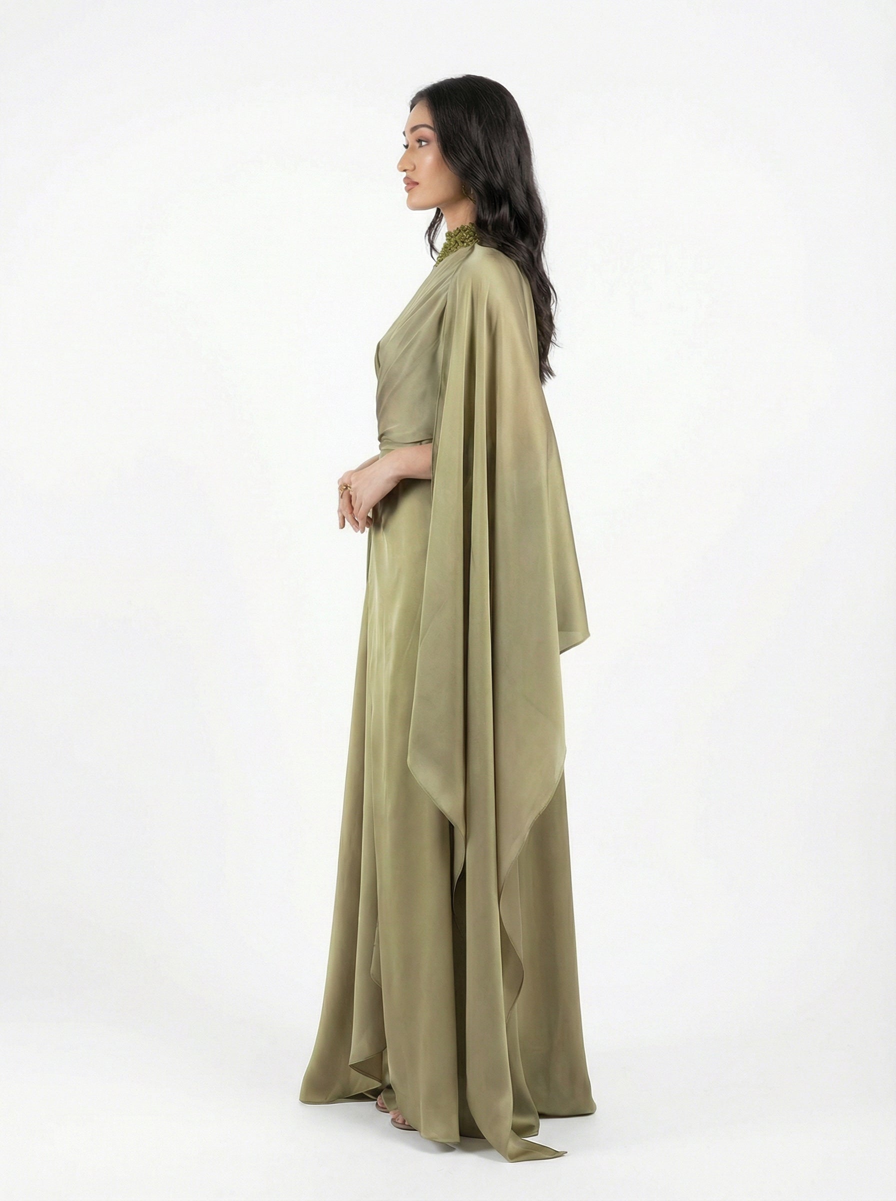 Baroque Dress - Timeless Elegance in Sage Green Chiffon | MOOEi Baroque Dress - Timeless Elegance in Sage Green Chiffon | MOOEi