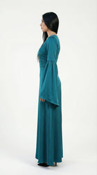 Solana Teal Satin Embellished Gown detail by MOOEi — Luxury Evening Wear Dubai