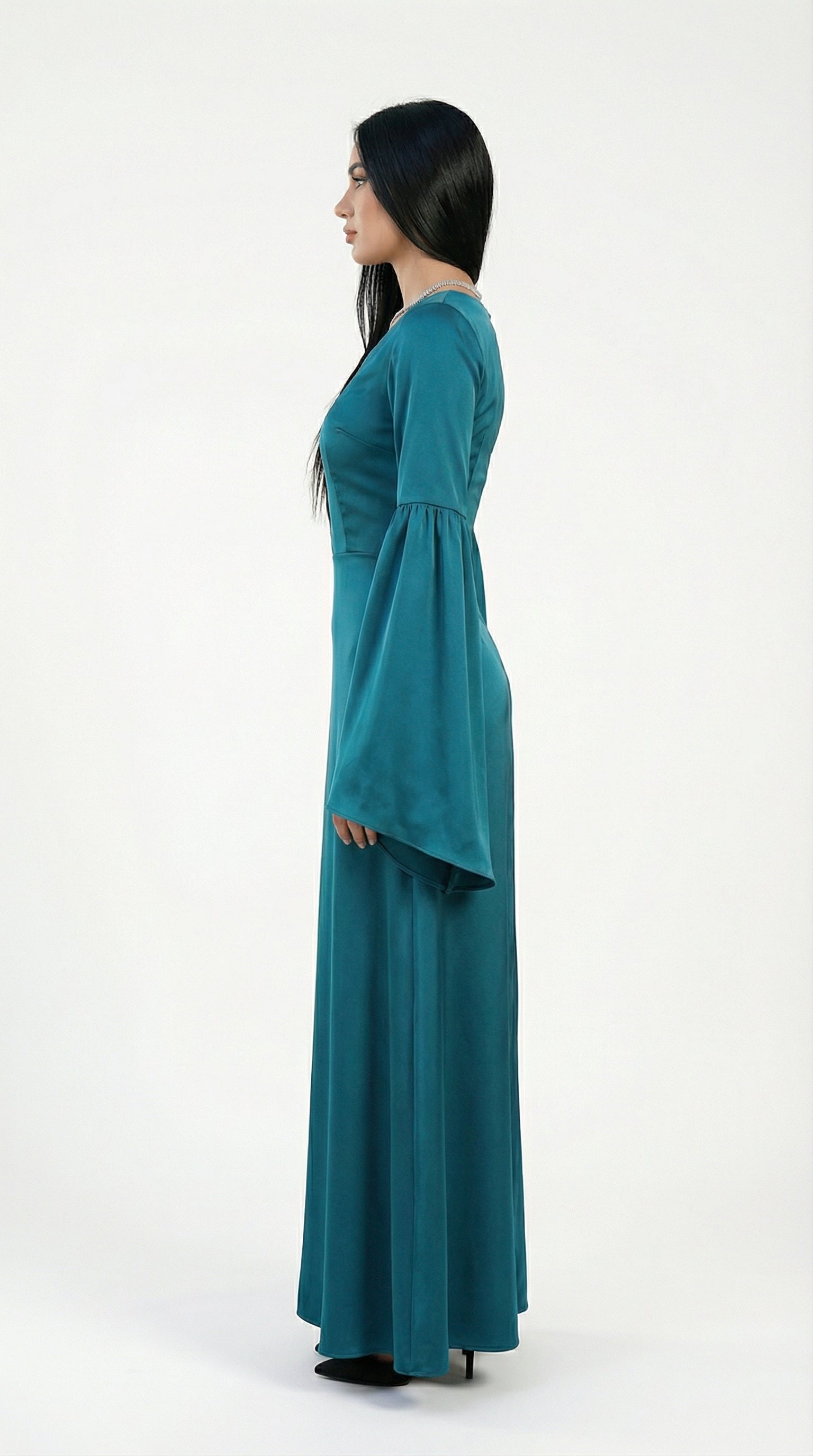 Solana Teal Satin Embellished Gown detail by MOOEi — Luxury Evening Wear Dubai
