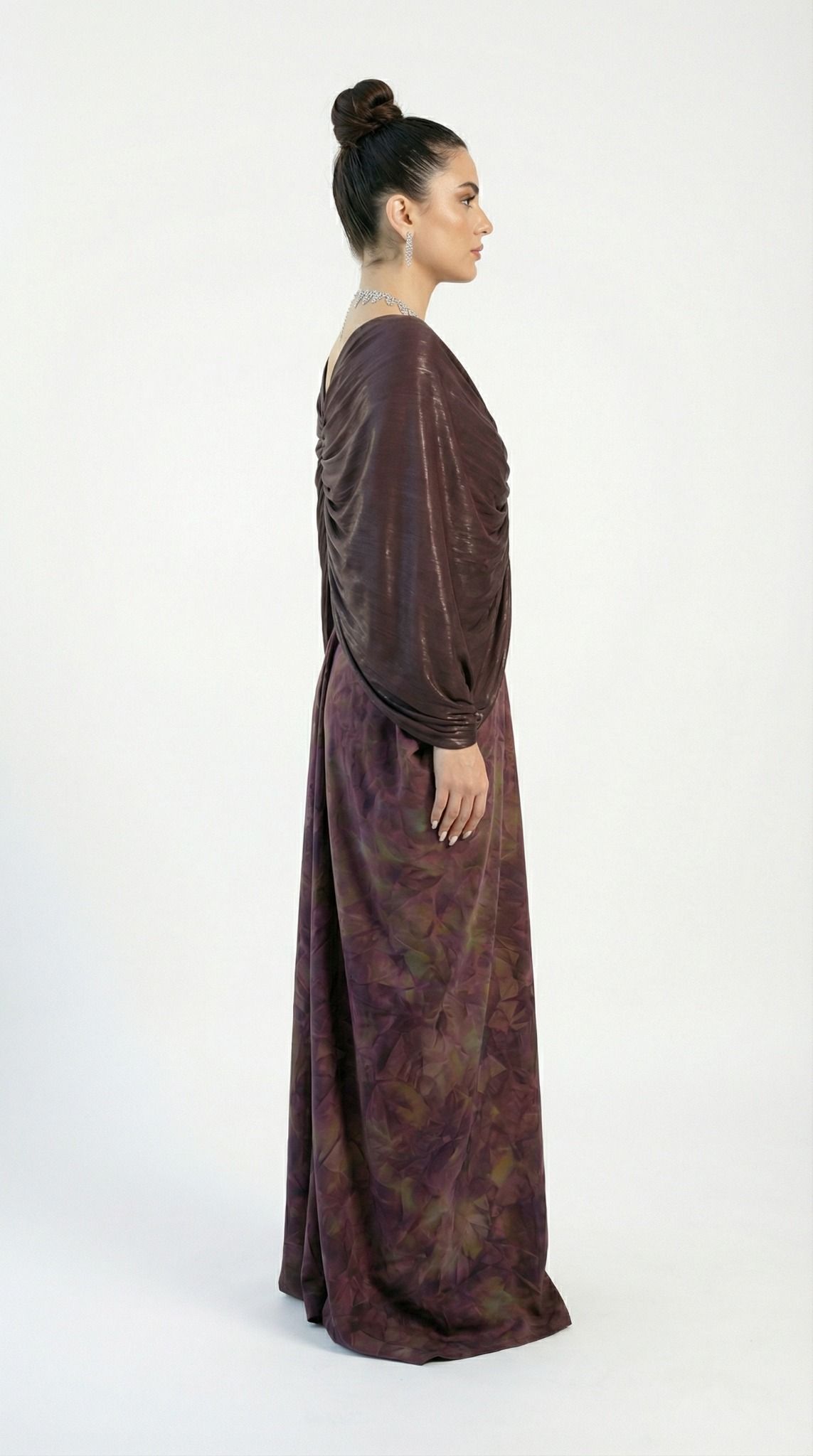 Yara Eggplant Satin Statement Gown detail by MOOEi — Luxury Evening Wear Dubai