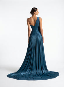 Layali Turquoise One Shoulder Ruched Embellished Couture Gown