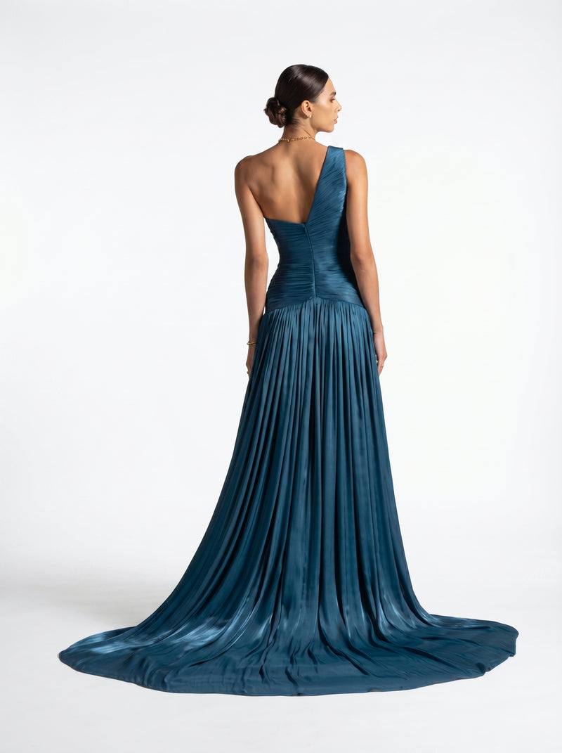 Layali Turquoise One Shoulder Ruched Embellished Couture Gown