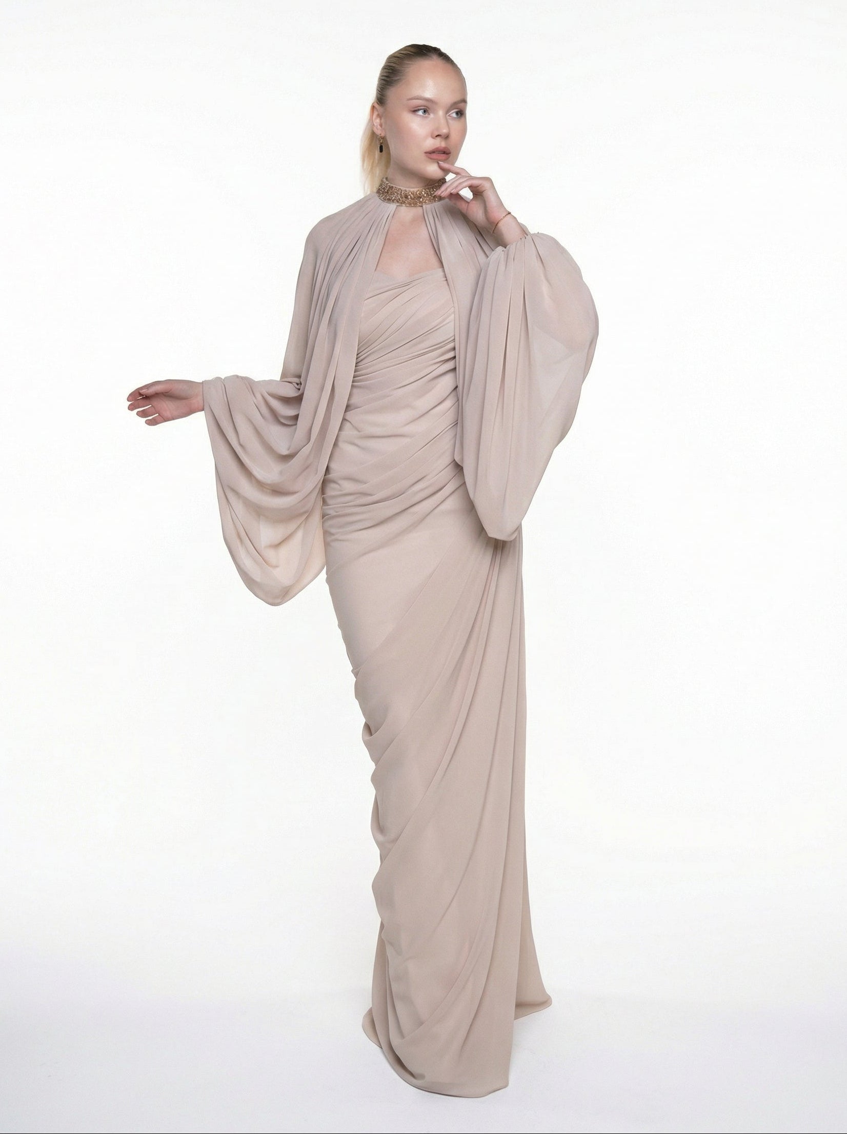 Elora Soft Beige Two Piece Embellished Crepe Gown by MOOEi — Luxury Evening Wear Dubai