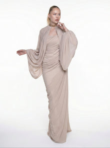 Elora Soft Beige Two Piece Embellished Crepe Gown by MOOEi — Luxury Evening Wear Dubai