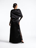 Eterna Black Satin French Lace Wrap Gown