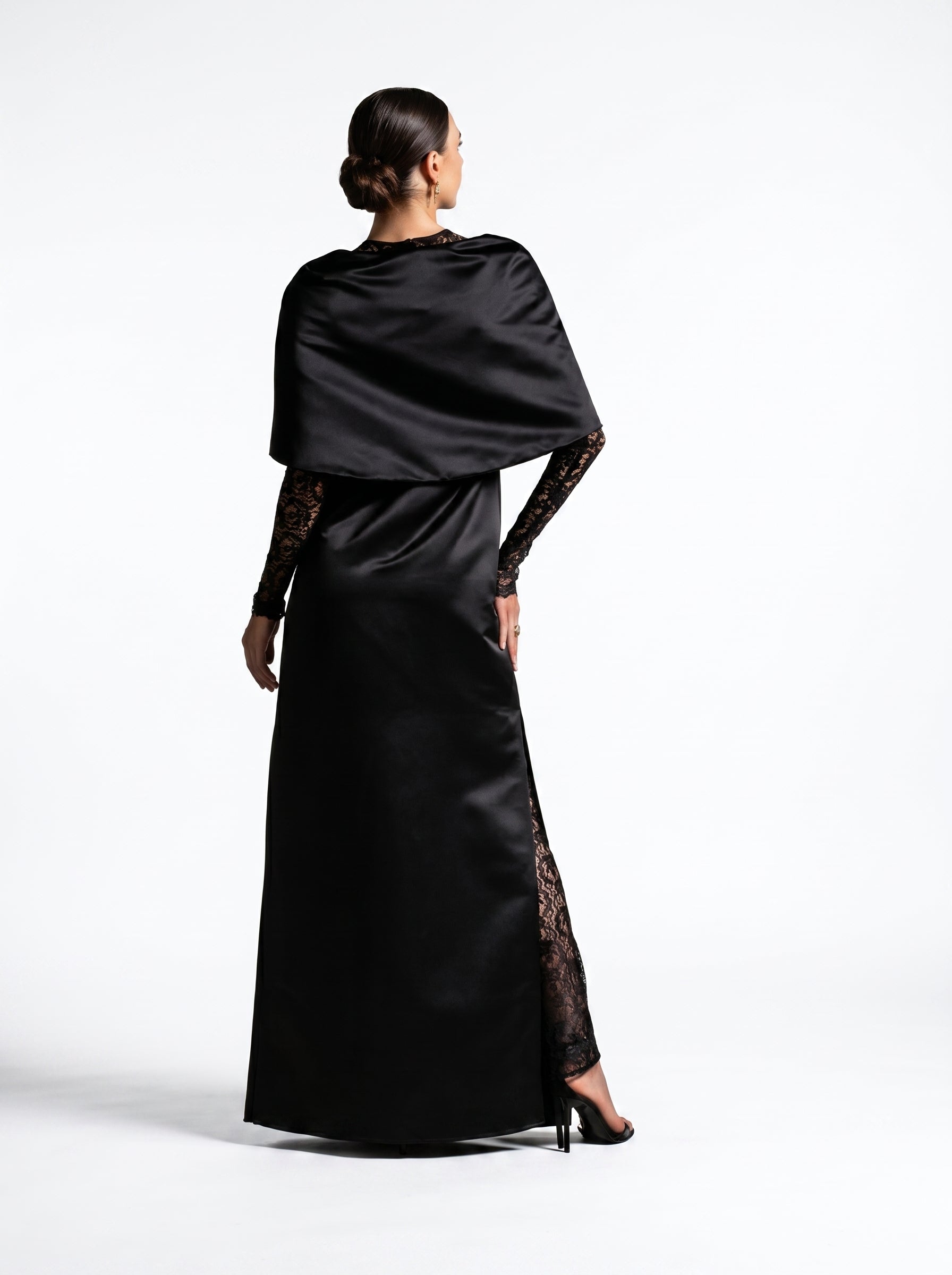 Eterna Black Satin French Lace Wrap Gown