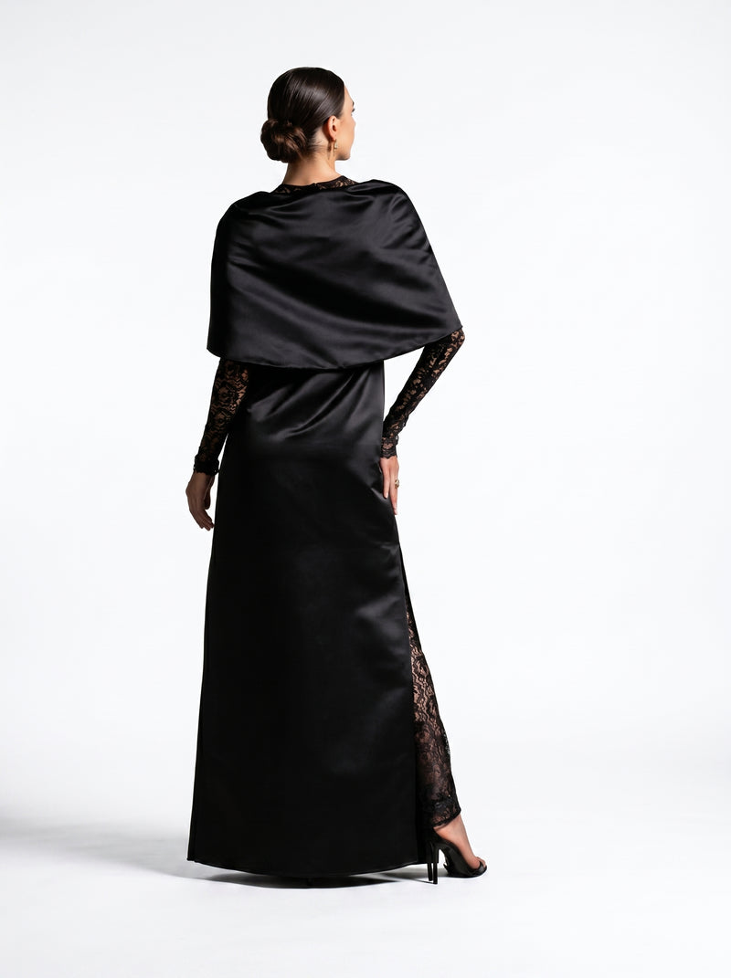 Eterna Black Satin French Lace Wrap Gown