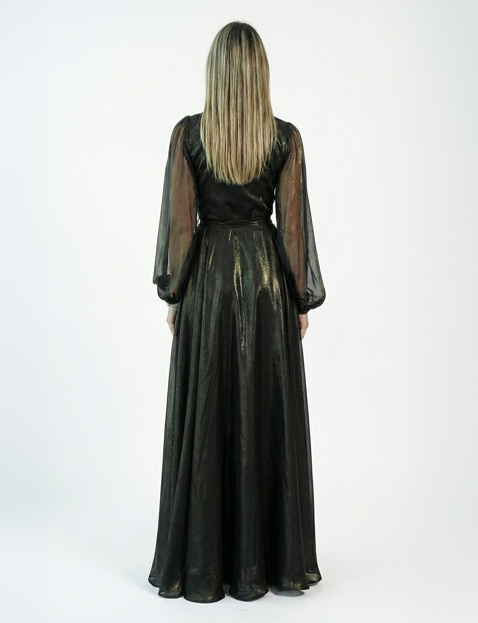 Celopatra Black Sheer Organza Wrap Gown side view by MOOEi — Luxury Evening Wear Dubai