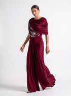 Diana Maroon Asymmetric Draped Metallic Detail Gown