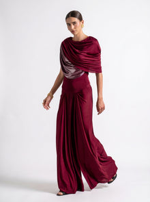 Diana Maroon Asymmetric Draped Metallic Detail Gown