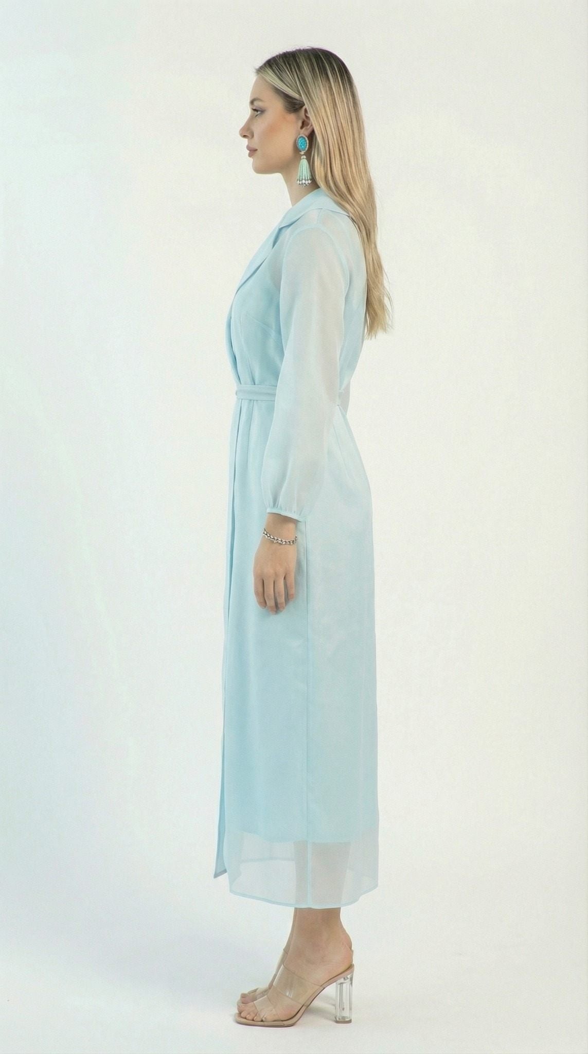 Orla Baby Blue Crepe Draped Gown detail by MOOEi — Luxury Evening Wear Dubai