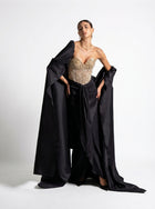 Marguerite Black Beaded Corset Bodice Draped Skirt Couture Gown