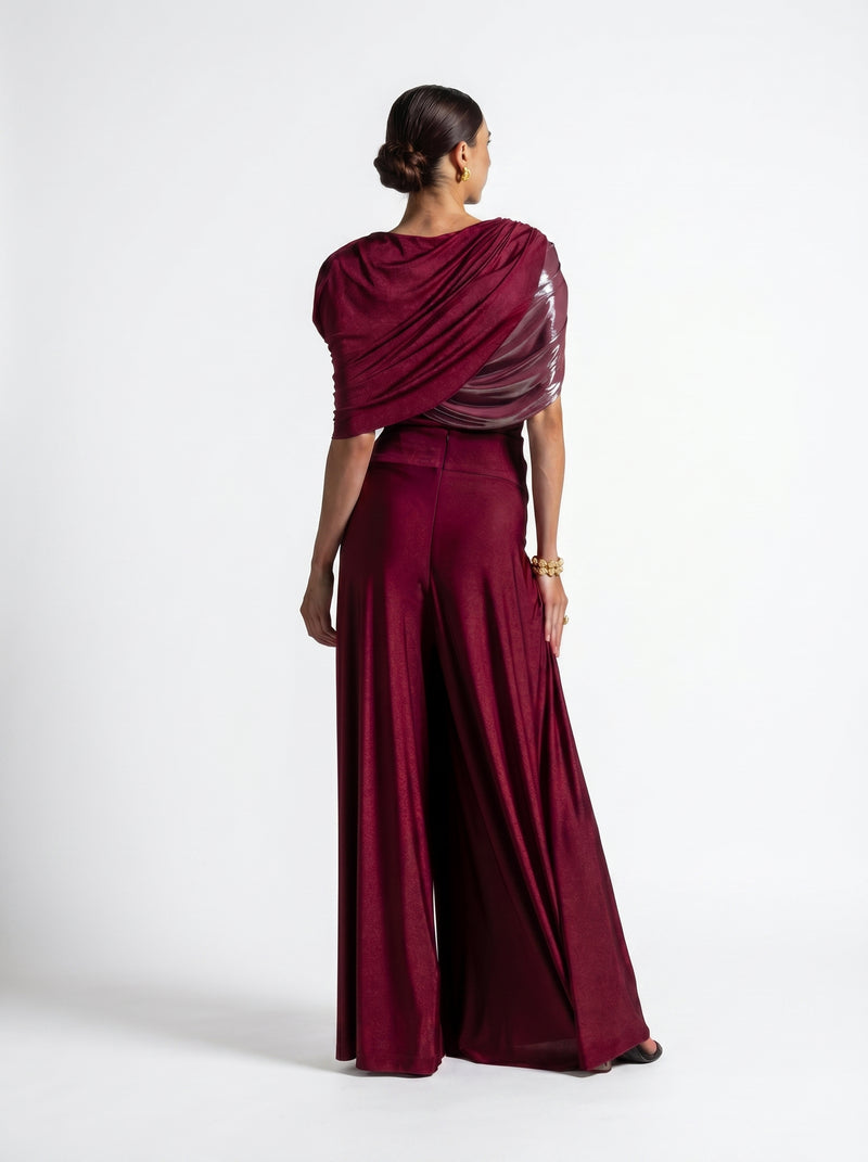 Diana Maroon Asymmetric Draped Metallic Detail Gown