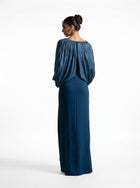 Zoe Turquoise Pleated Organza Voluminous Sleeve Crepe Gown