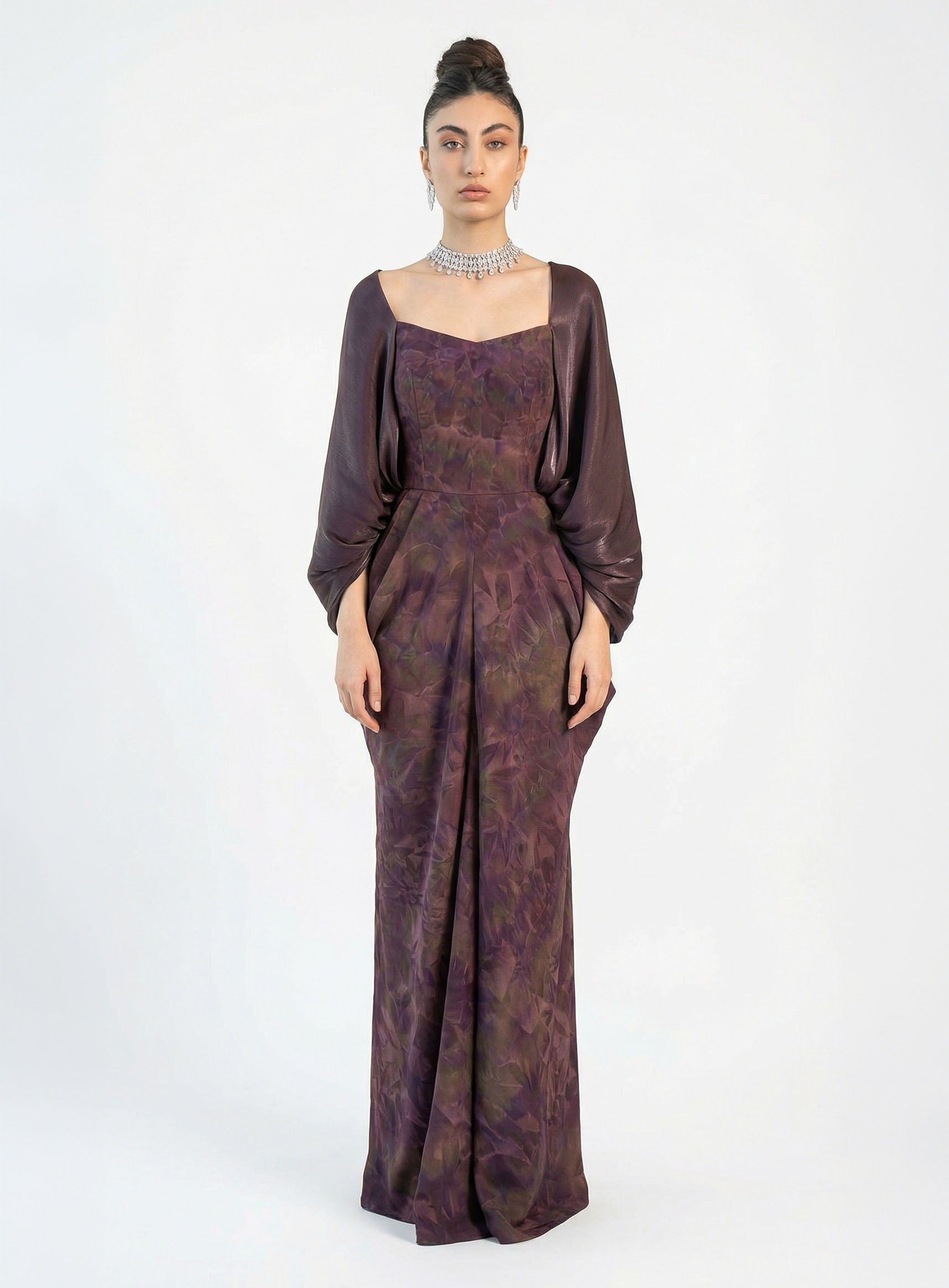 Yara Eggplant Satin Off Shoulder Statement Gown by MOOEi — Luxury Evening Wear Dubai