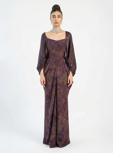 Yara Eggplant Satin Off Shoulder Statement Gown by MOOEi — Luxury Evening Wear Dubai