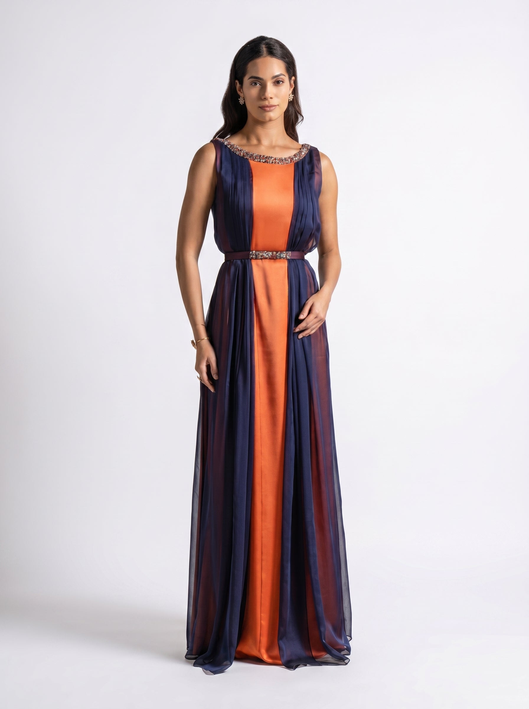 Irene Navy Blue Tangerine Chiffon Gown
