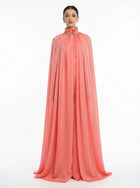 Coral Beige Chiffon Embroidered Neckline Structured Waist Jumpsuit by MOOEi — Luxury Evening Wear Dubai
