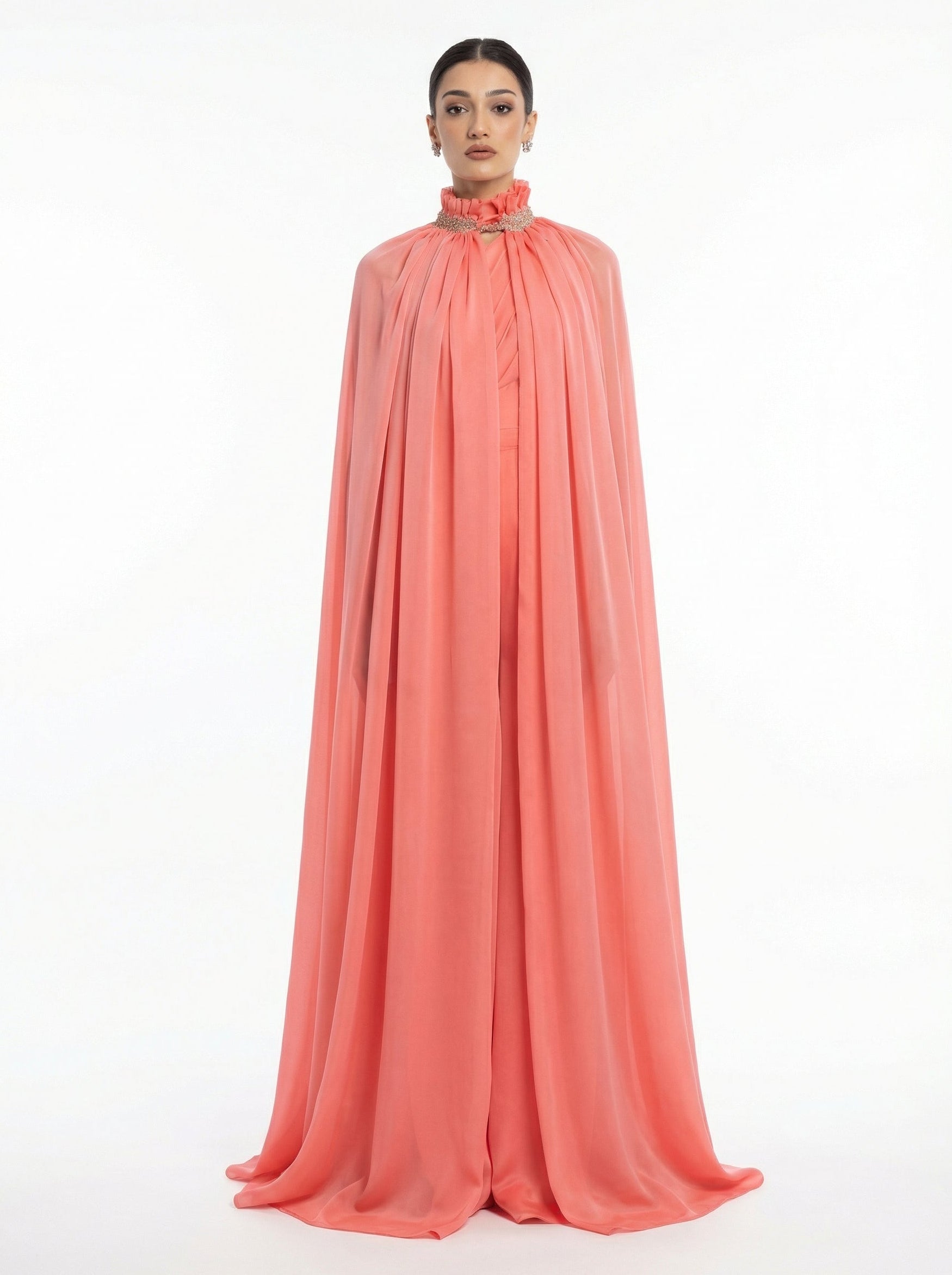 Coral Beige Chiffon Embroidered Neckline Structured Waist Jumpsuit by MOOEi — Luxury Evening Wear Dubai