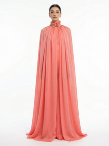 Coral Beige Chiffon Embroidered Neckline Structured Waist Jumpsuit by MOOEi — Luxury Evening Wear Dubai