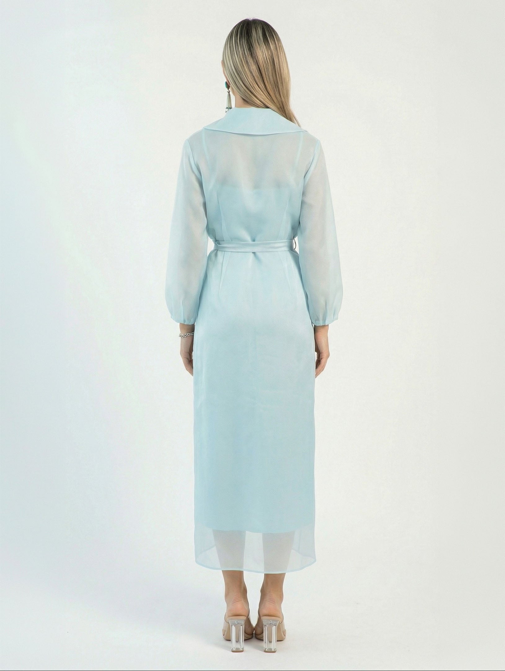 Orla Baby Blue Organza Layered Gown side view by MOOEi — Luxury Evening Wear Dubai
