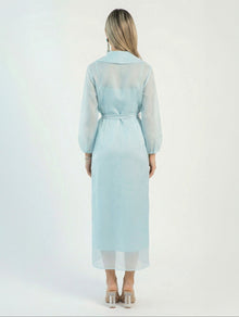 Orla Baby Blue Organza Layered Gown side view by MOOEi — Luxury Evening Wear Dubai